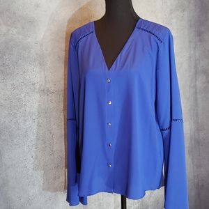 Calvin Klein bell sleeve blue blouse